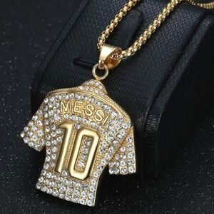 Nwt Messi Soccer Jersey Necklace Shirt 10 Pendant Stainless Steel Gold Plated CZ